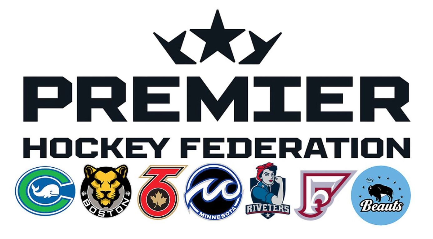 The Premier Hockey Federation wordmark and the seven individual team brands for the Connecticut Whale, Boston Pride, Toronto Six, Minnesota Whitecaps, Metropolitan Riveters, Montreal Force, and Buffalo Beauts.