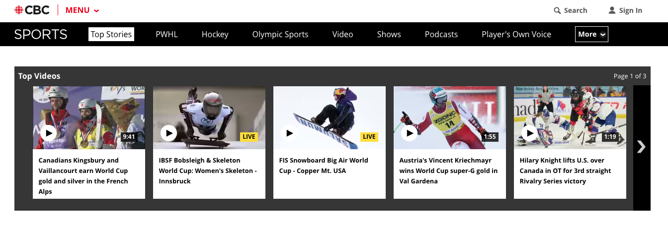 Screenshot of the CBC Sports website, showing a navigation bar with labels "Top Stories, PWHL, Hockey, Olympic Sports, Video, Shows, Podcasts, Player's Own Voice" with a Top Videos element beneath.
