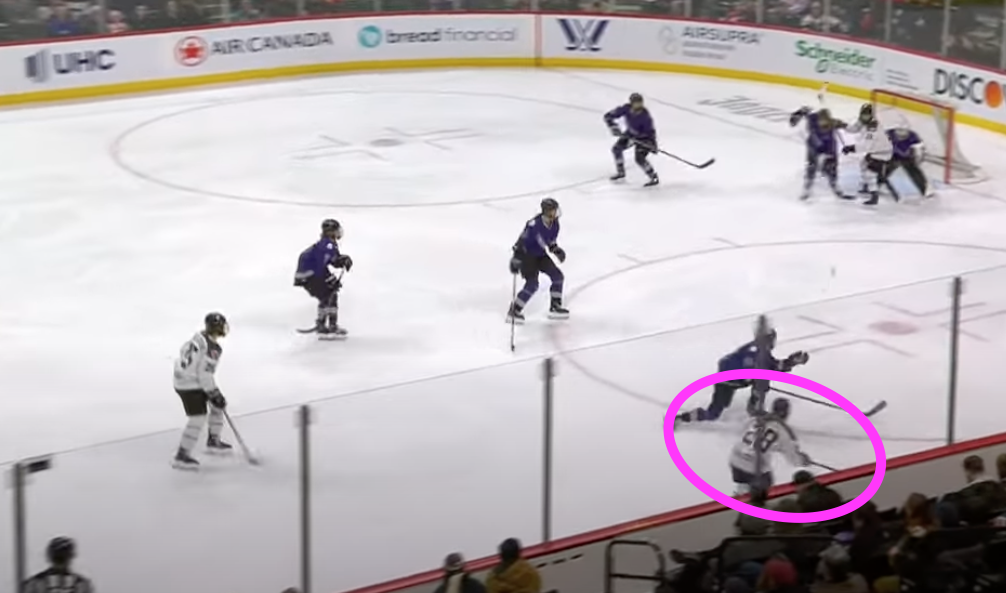 Screenshot of Amanda Boulier shortly after taking her shot that led to her goal. she is near the boards above the circle.