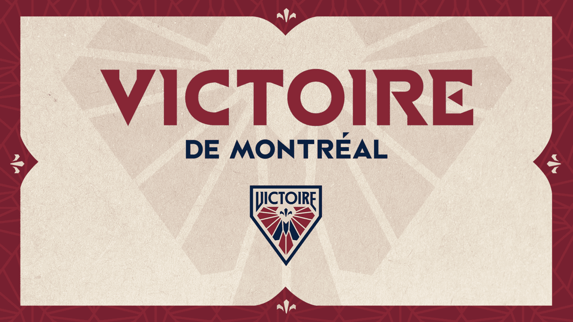 Victoire de Montreal wordmark and logo on a cream and maroon background