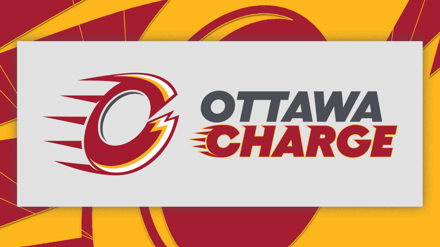 Ottawa Charge Wordmark in Gray and Red on a gold and red background