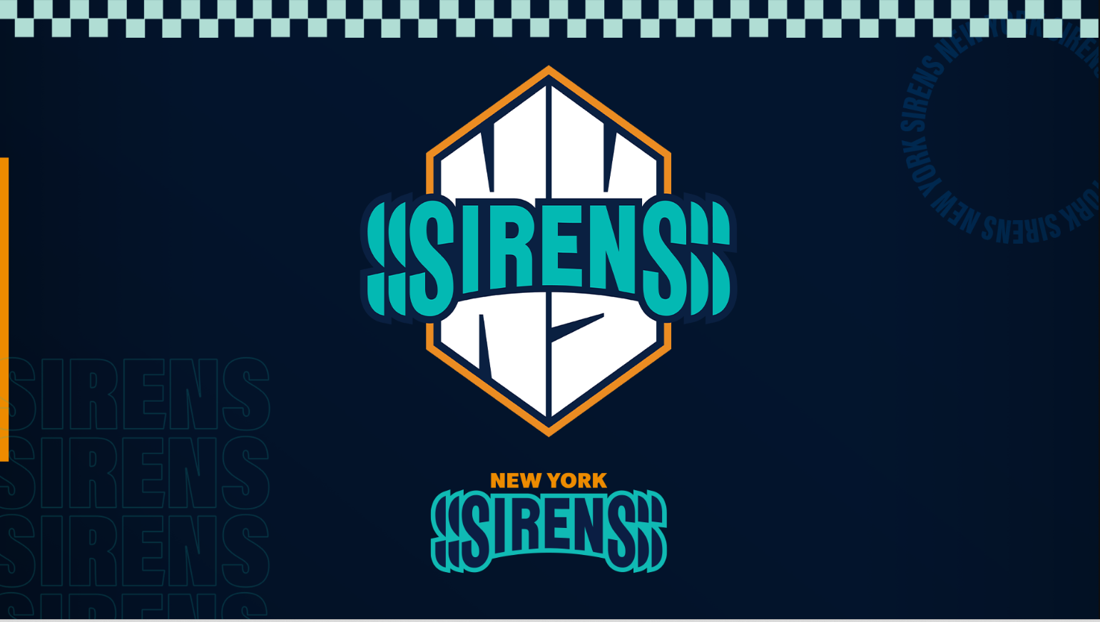 NY Sirens logo and word mark on a navy background with checkboard imagery