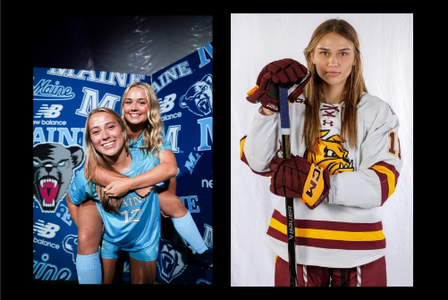 Abby holds Kayla piggyback in their light blue Maine soccer uniforms on left, Caitlin in white UMD uniform on right