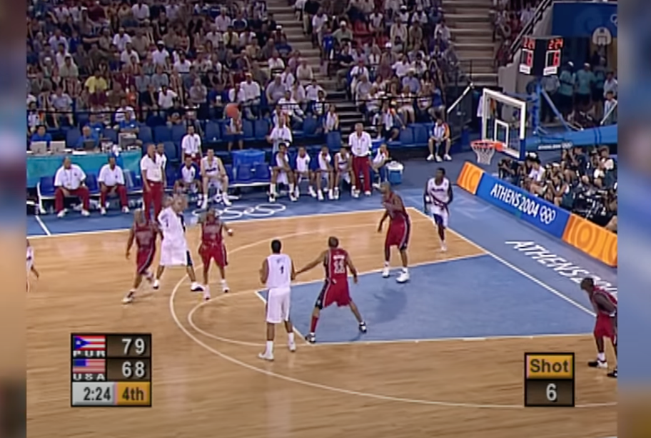 Team USA is down 79 to 68 to Puerto Rico in the 2004 Athens Olympics in this still frame from the broadcast.