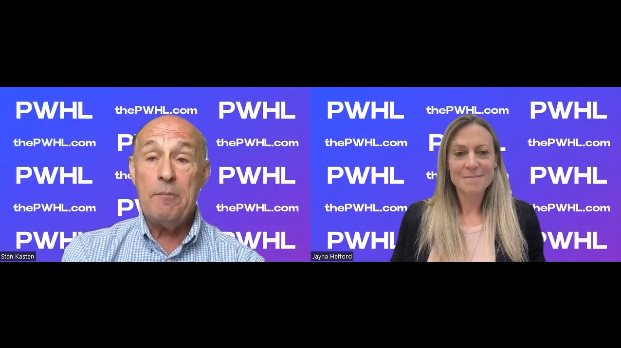 Stan Kasten and Jayna Hefford on a branded PWHL background during a Zoom call.