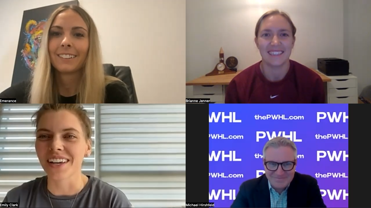 Emerance Maschmeyer, Brianne Jenner, Emily Clark, and Michael Hirshfeld in a Zoom media availability on September 5, 2023.