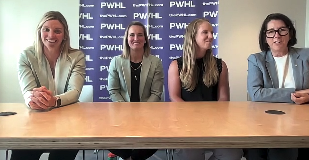 Laura Stacey, Marie-Philip Poulin, Ann-Renée Desbiens, and Danièle Sauvageau seated together for a virtual media availability