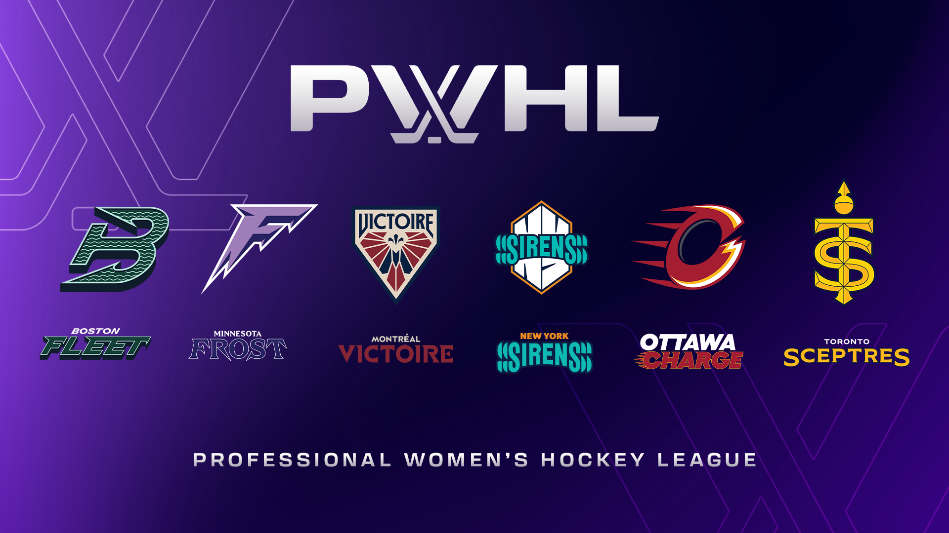 Purple background with PWHL logo on top, all six new logos across the middle 